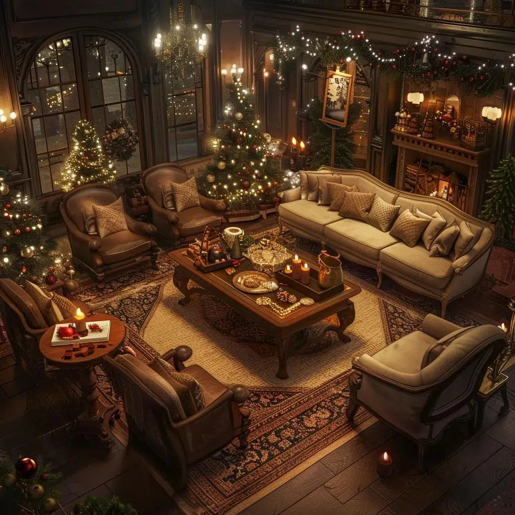 Cozy lounge area with plush sofas and holiday decorations for conversation