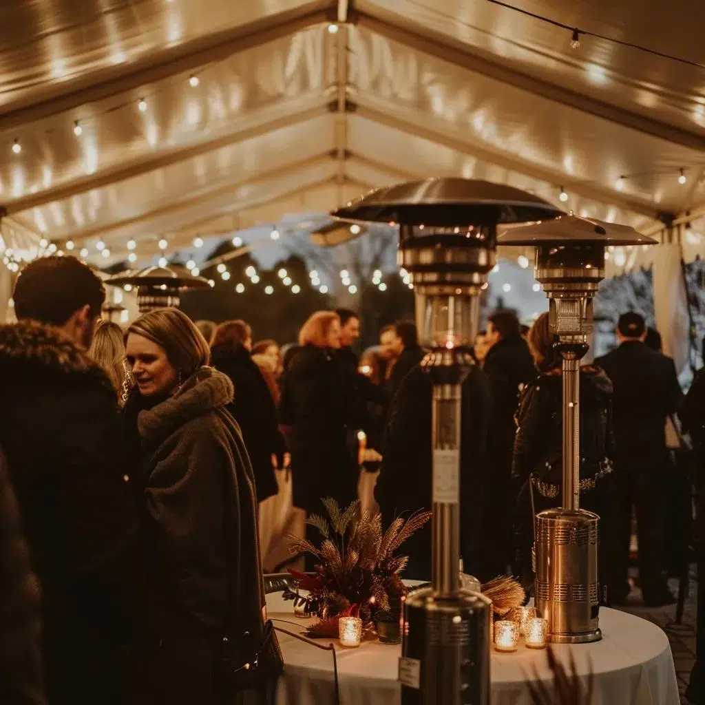 Winter wedding scene with guests enjoying warmth from patio heaters and enclosed tent