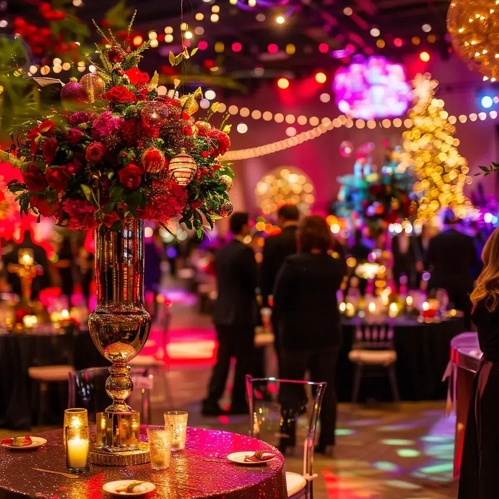 Holiday event scene with organized guest flow and festive decorations
