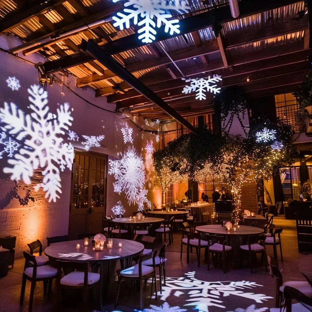Cozy winter event lighting with uplights and snowflake projections creating a magical atmosphere