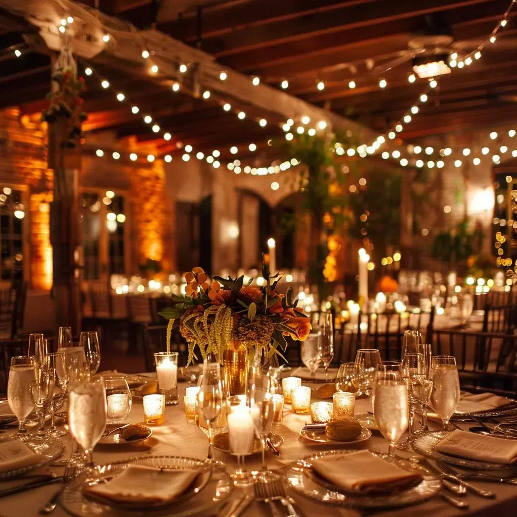 Seasonal event lighting setup with warm uplights and fairy lights creating a festive atmosphere