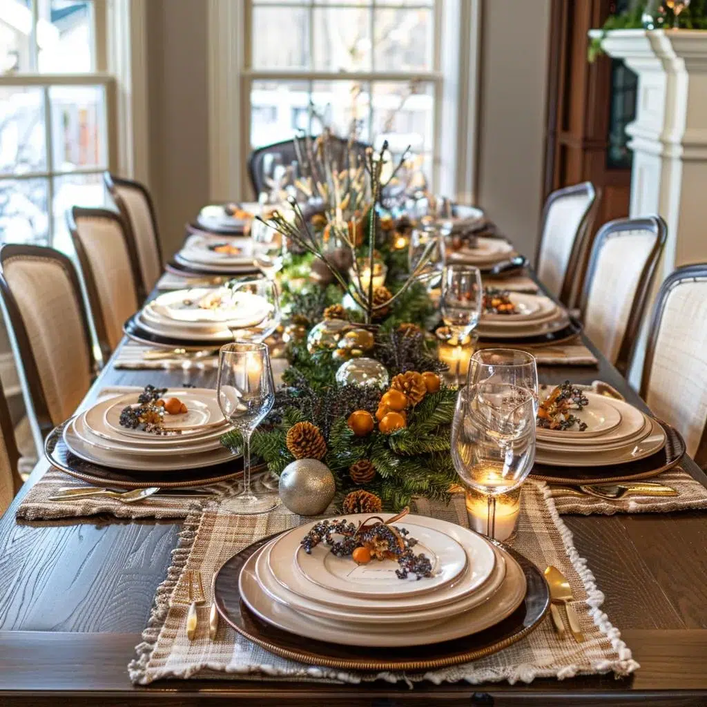 Elegant dining table layout with festive decorations for holiday feasts