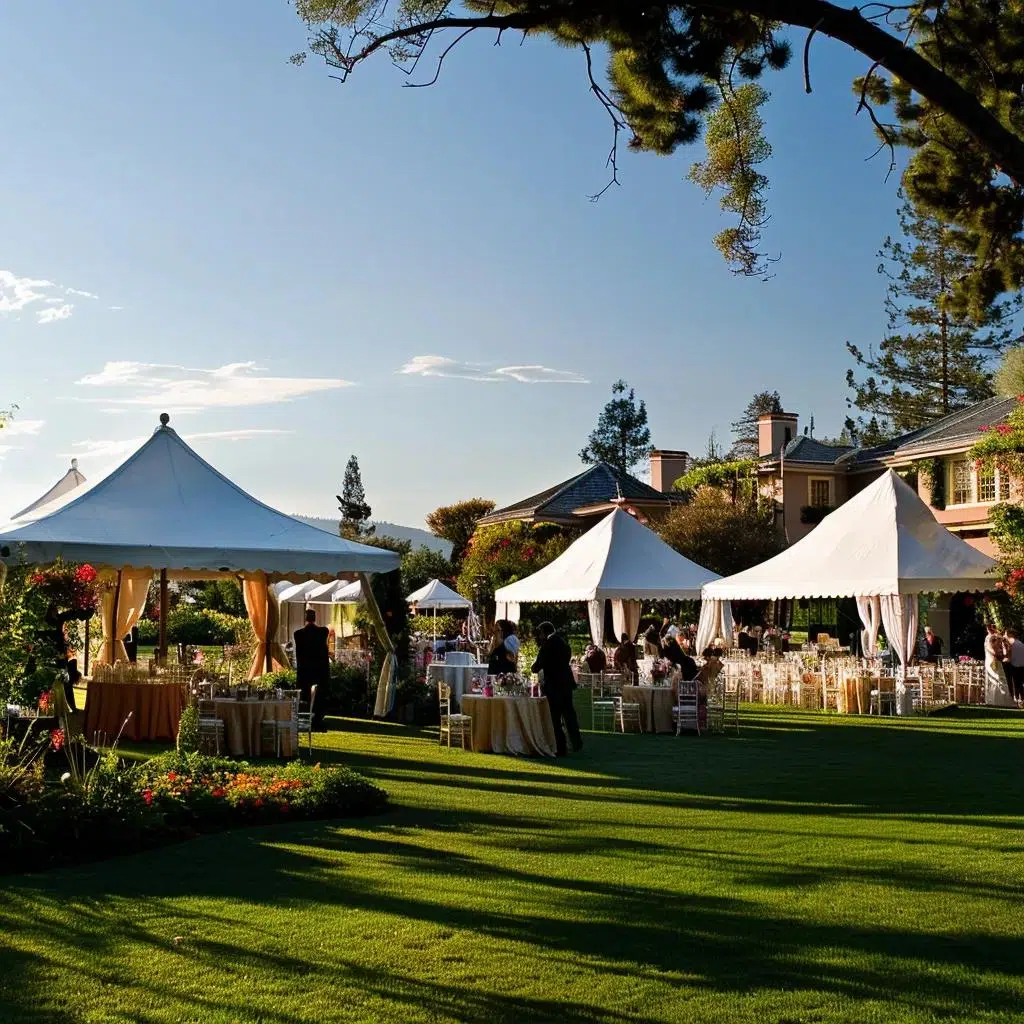 Outdoor event setup with frame tent, marquee, and dome structures