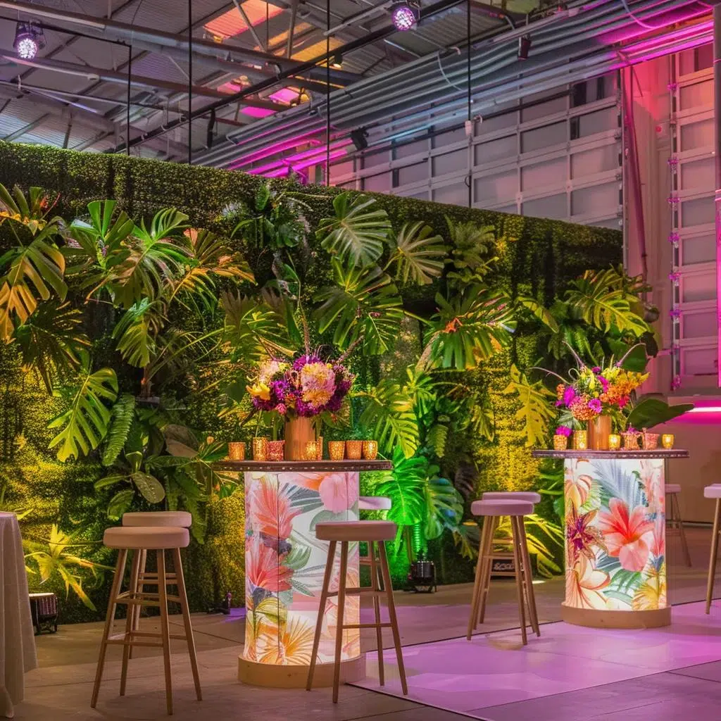 Variety of event backdrops including fabric, greenery wall, and custom printed designs