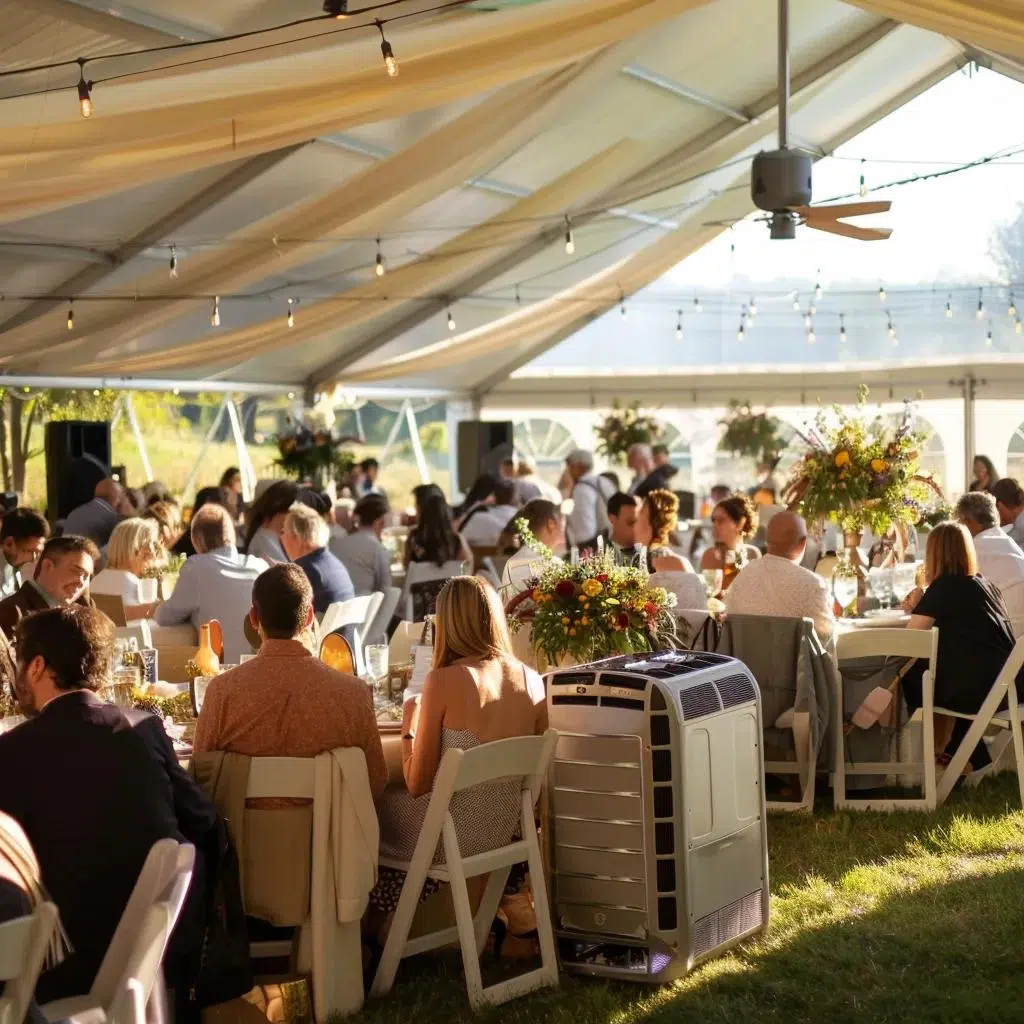 Wedding tent with cooling solutions like portable AC and misting fans, ensuring guest comfort