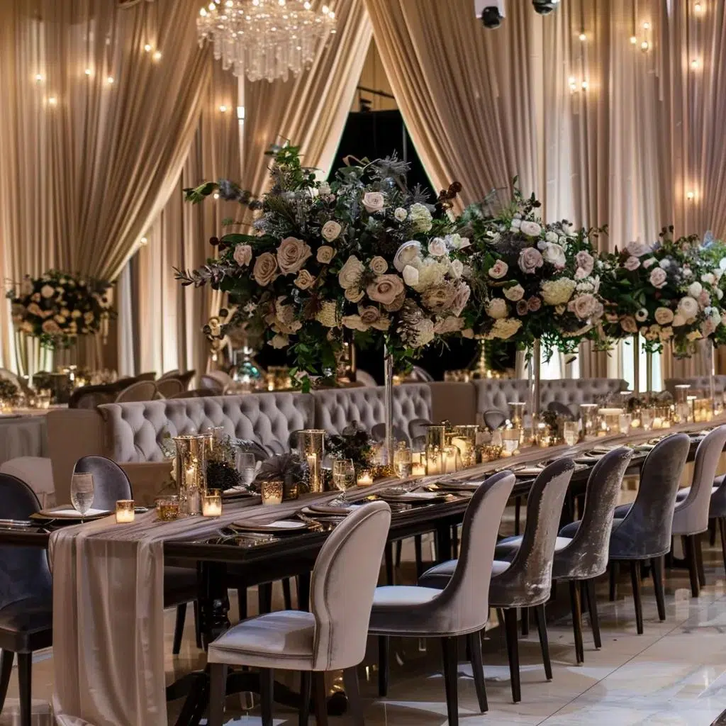 Luxurious wedding setup with velvet lounge chairs and a rectangular table adorned with silk linens and elegant centerpieces