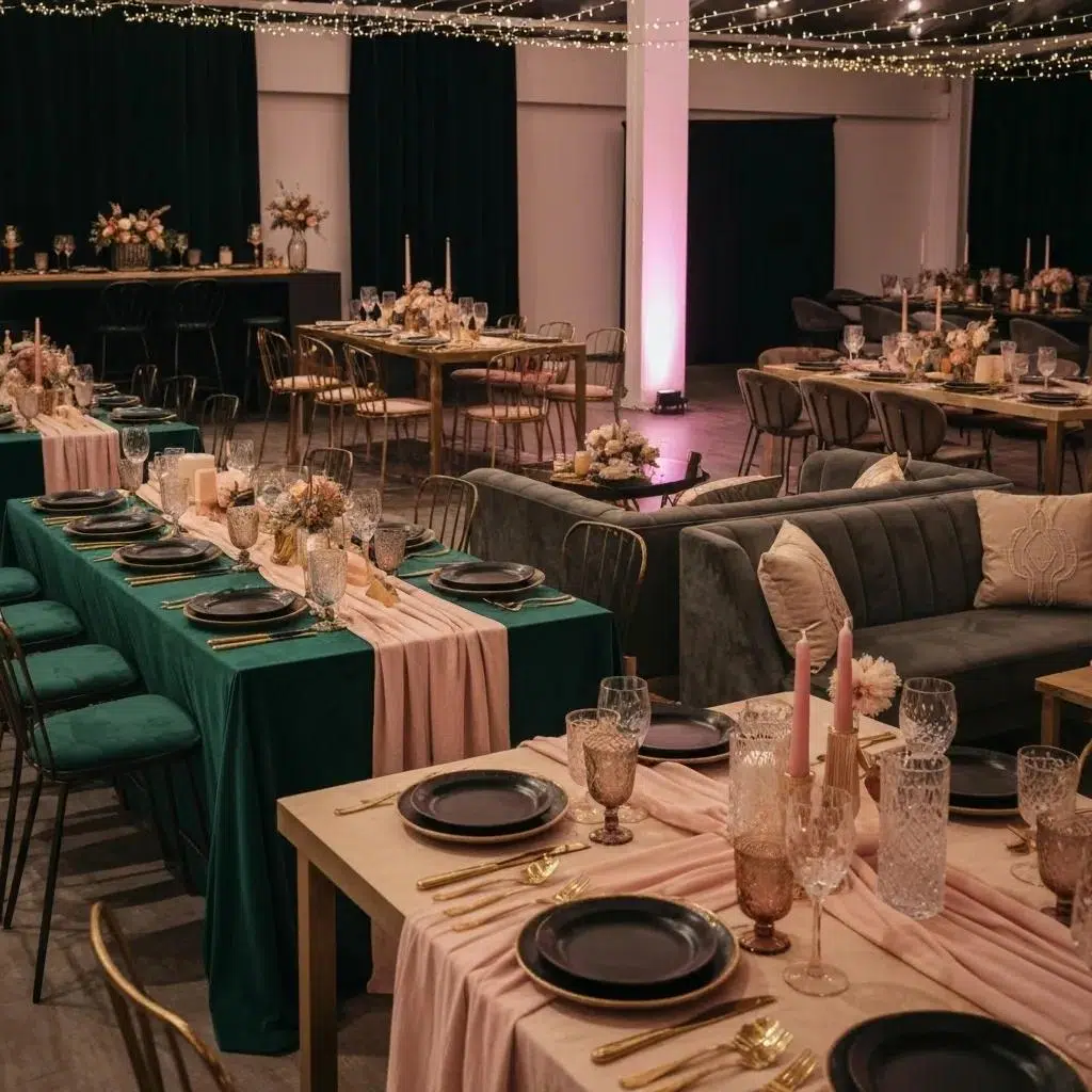 A beautifully set event table featuring a variety of elegant linens and tableware for a celebration