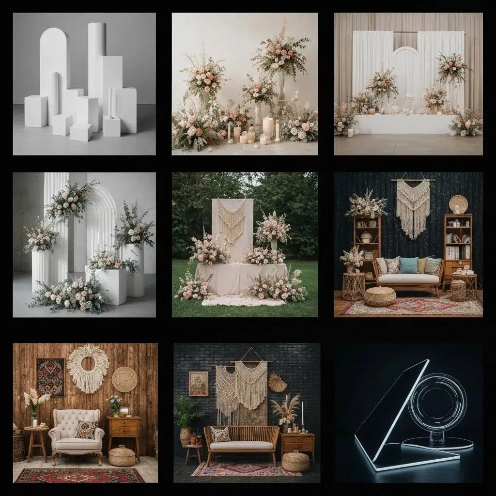 A variety of event decor styles showcasing different personality types