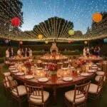 Stylish outdoor party setup with elegant tables and decor