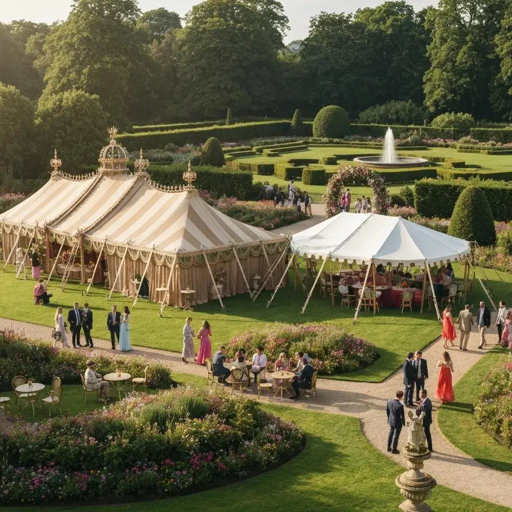 Frame tent and pole tent set up in a garden for an outdoor event, showcasing their distinct designs and inviting atmosphere