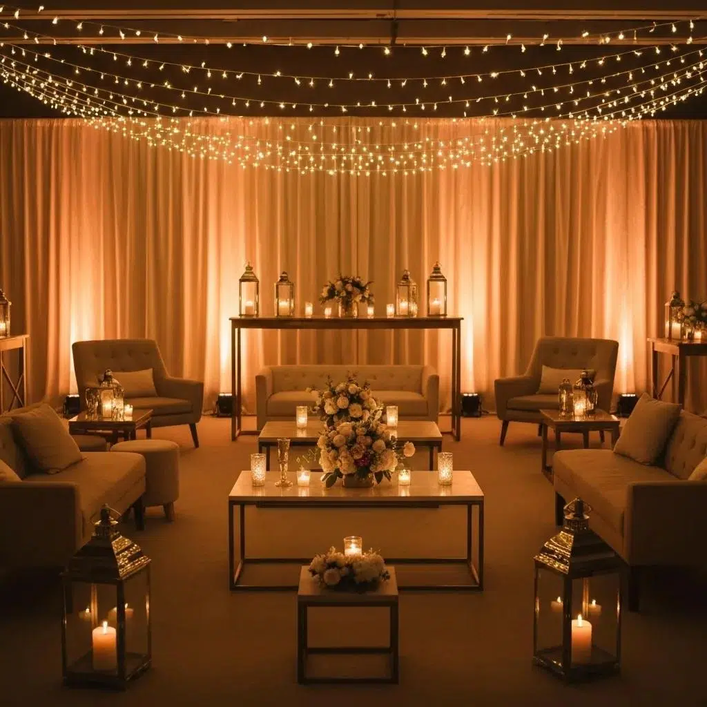 Warmly lit event space with amber uplighting and string lights creating an inviting atmosphere