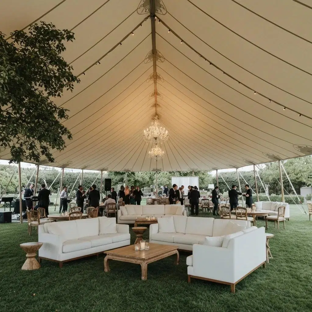 Upscale wedding reception under a sailcloth tent with elegant dining arrangements and chandeliers