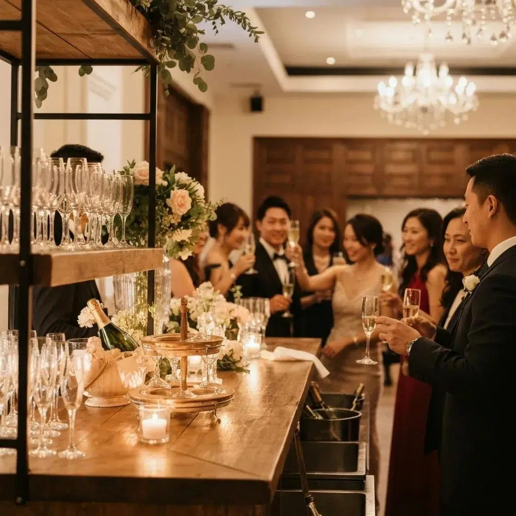 Elegant wedding bar setup featuring champagne flutes, floral arrangements, and guests toasting, enhancing event ambiance and drink service.