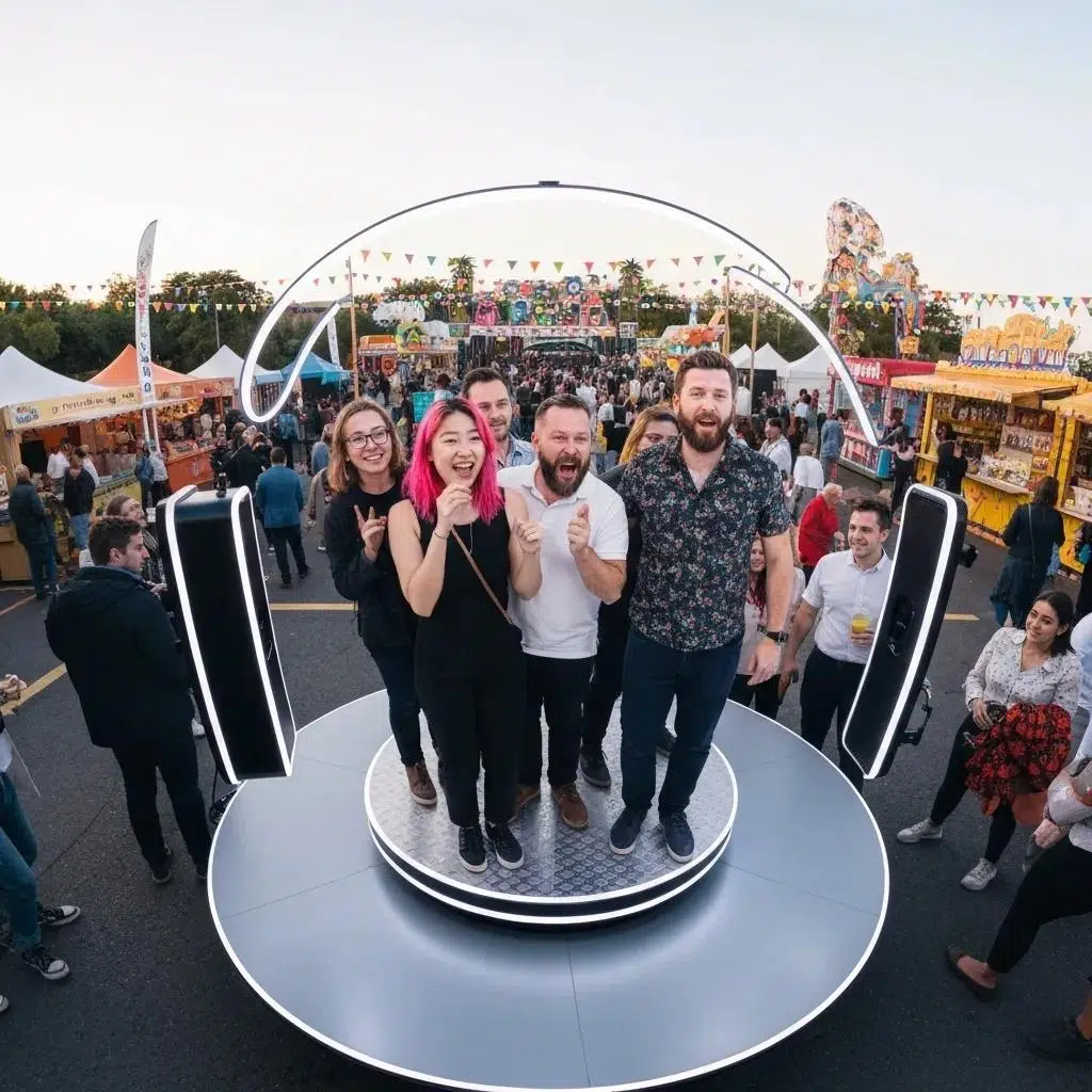 Party guests having a blast in a 360 photo booth, capturing every fun angle