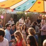 Colorful backyard party tent setup with tables and decorations for outdoor events
