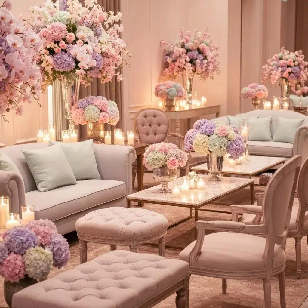 Romantic lounge furniture setup for weddings with pastel colors and elegant decor