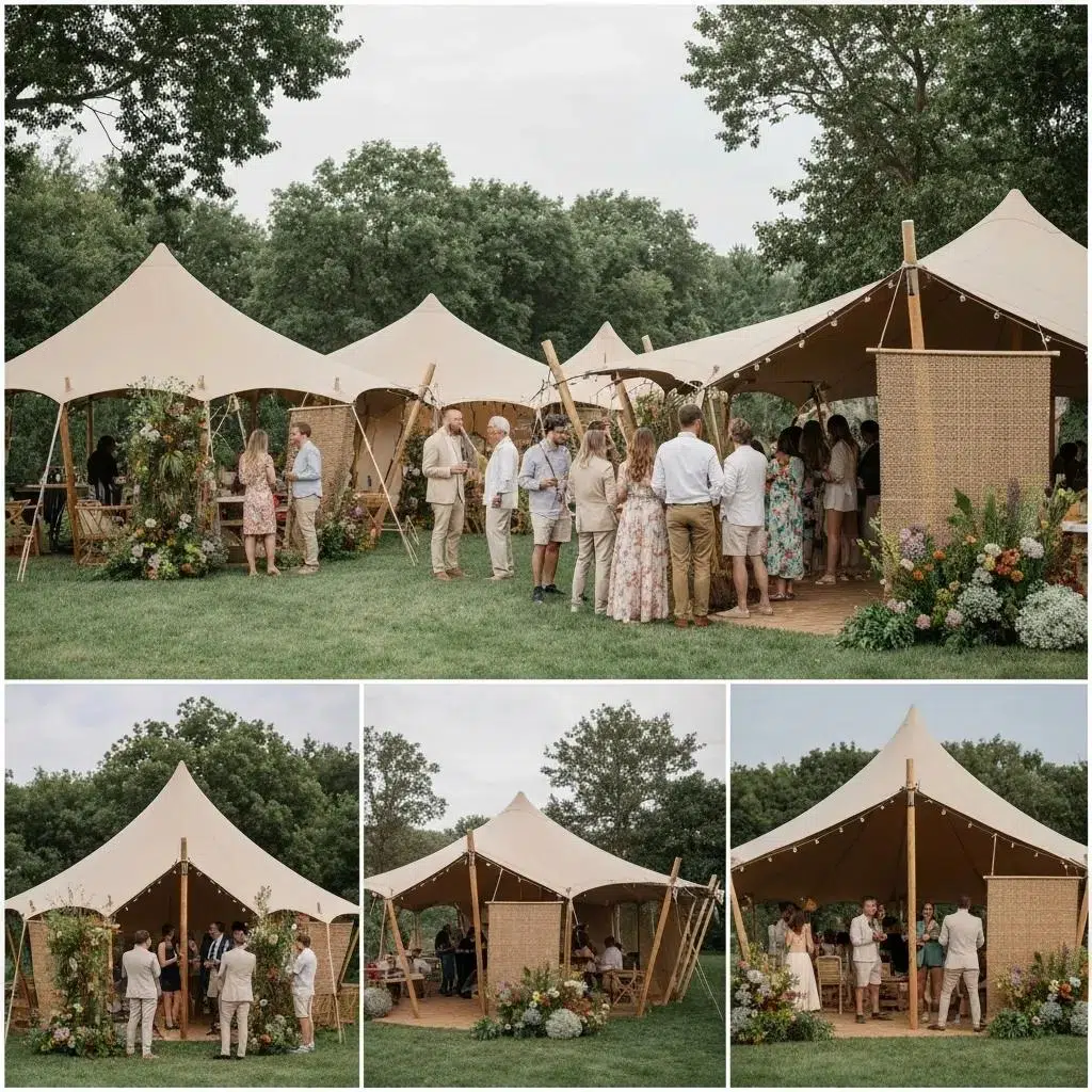 Eco-friendly event tents made from sustainable materials set in a lush outdoor environment