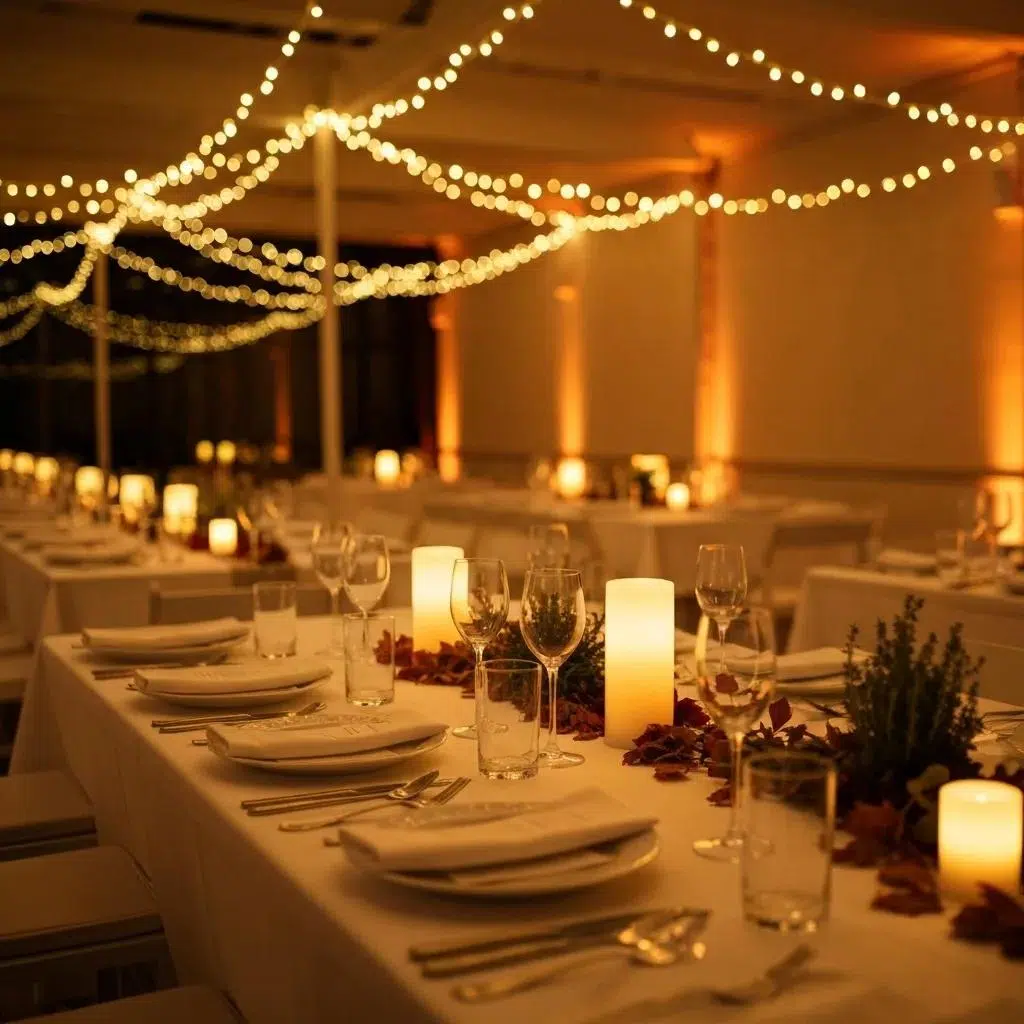 Warmly lit event space showcasing cozy ambiance with LED candles and string lights