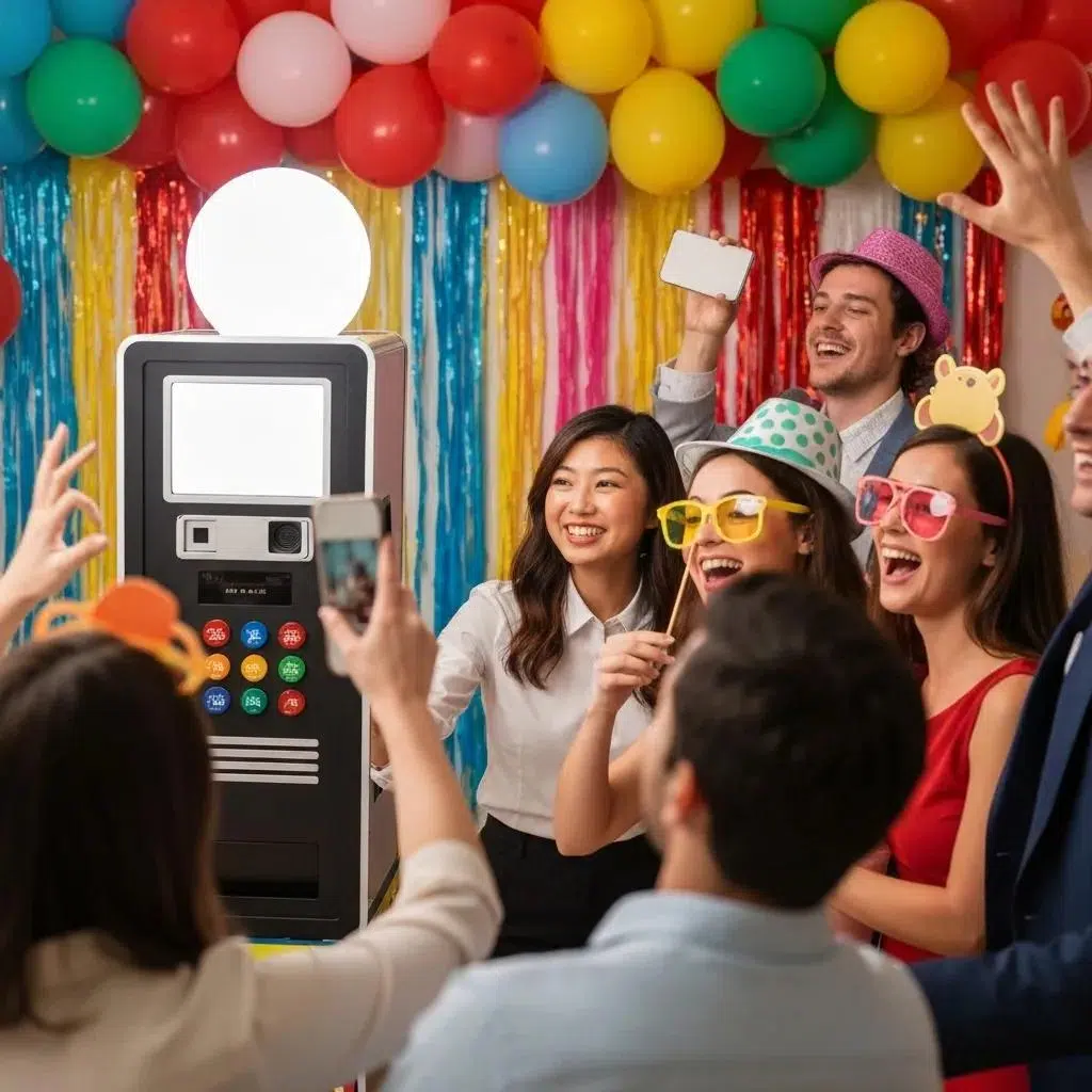 Interactive photo booth at a party with guests enjoying colorful props and a lively atmosphere
