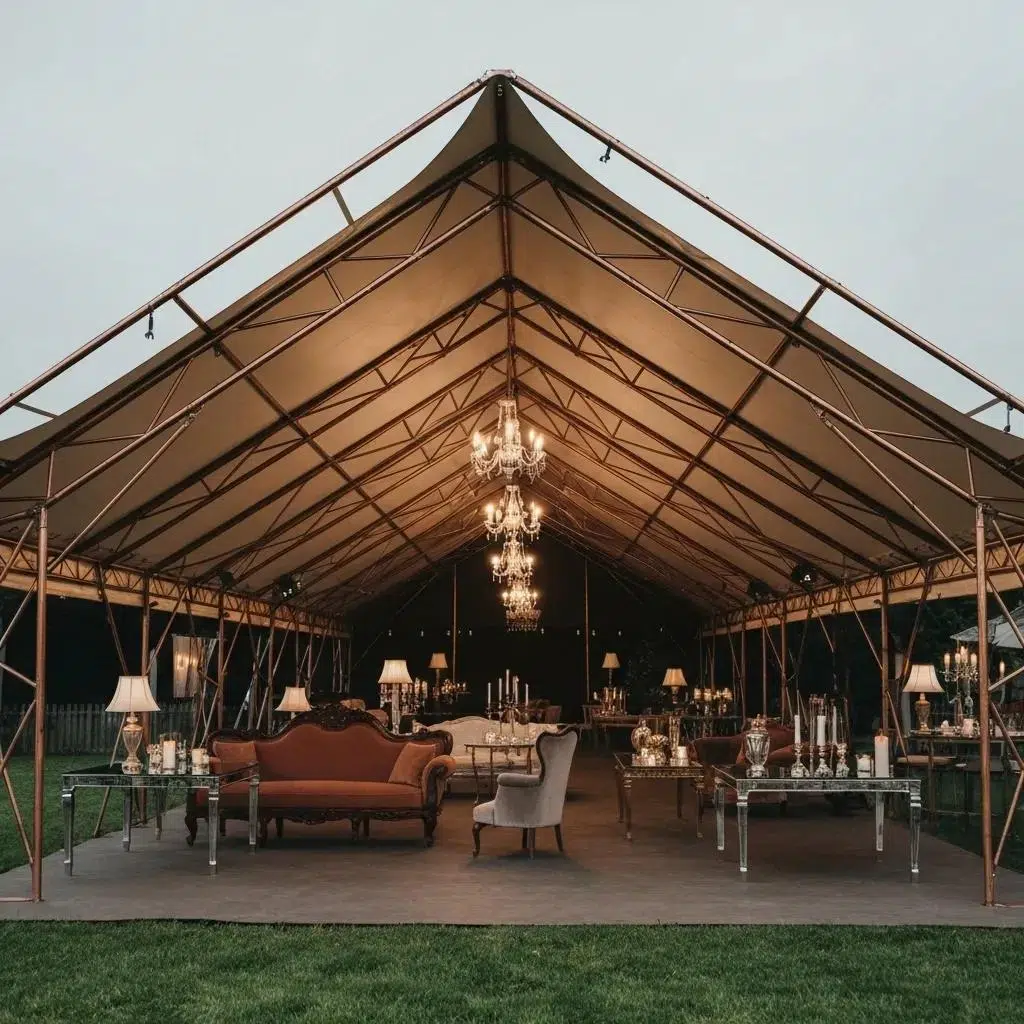 Frame tent interior featuring elegant chandeliers, plush seating, and decorative lighting, showcasing spacious layout for events.