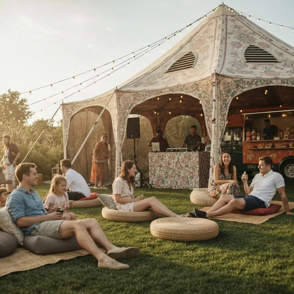 Outdoor event tent with ventilation features ensuring guest comfort
