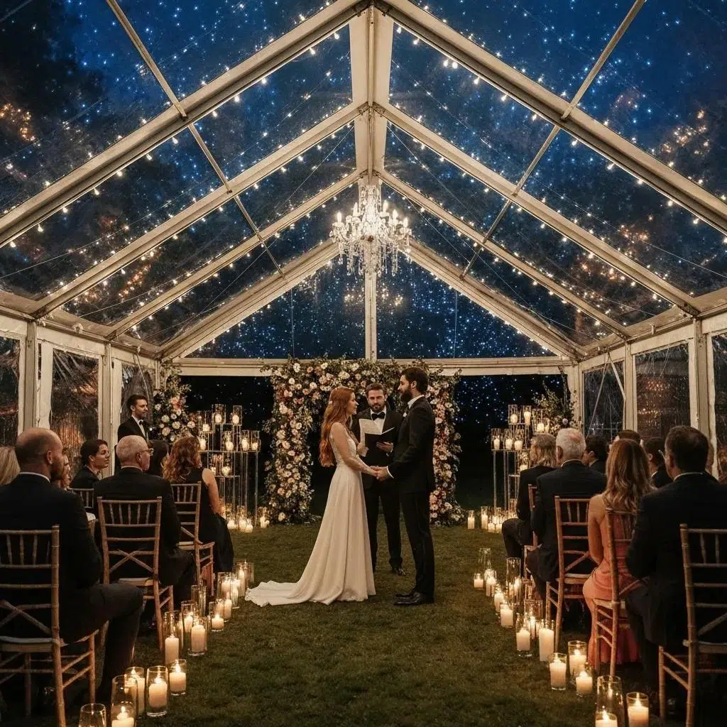 Couple exchanging vows under a clear top wedding tent, showcasing a starlit sky, surrounded by elegantly lit candles and floral decor, creating a romantic ambiance for the ceremony.