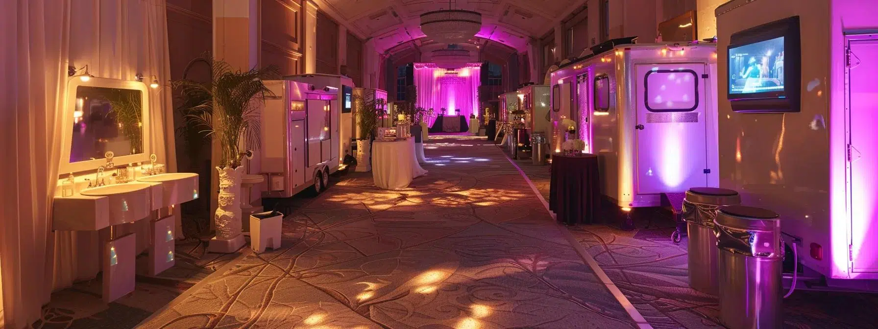 a luxurious event setup featuring elegantly designed restroom trailers and sophisticated specialty lighting, creating an atmosphere of refined sophistication and comfort in an upscale indoor setting.