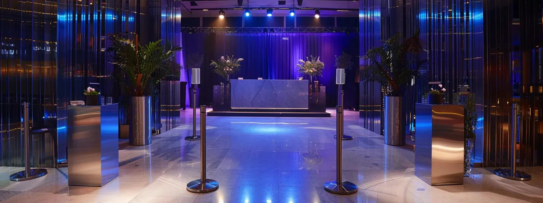 a sleek and modern vip event entrance adorned with elegant stainless steel barriers, featuring a polished finish and complemented by luxurious velvet accents, set against a sophisticated urban backdrop, exuding an atmosphere of exclusivity and style.