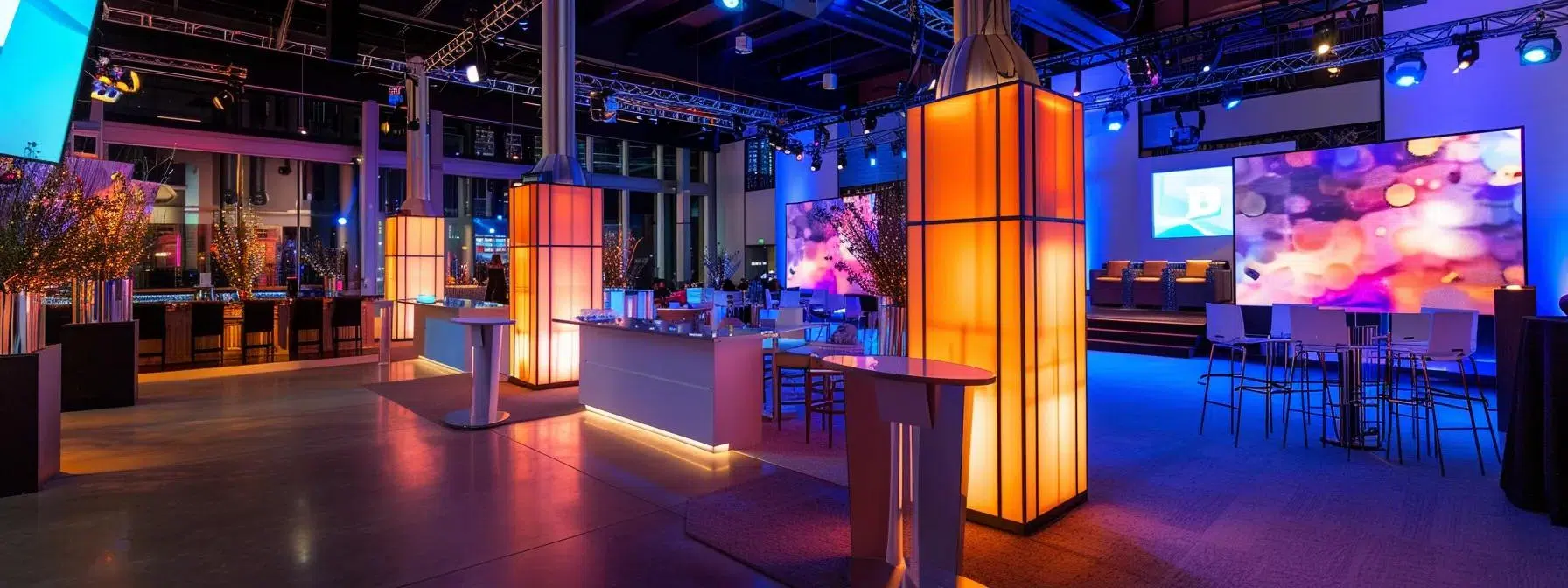 a sleek, modern event space showcases vibrant barrier designs featuring customizable logos and rich textures, enhancing the corporate ambiance and creating a striking visual impact.
