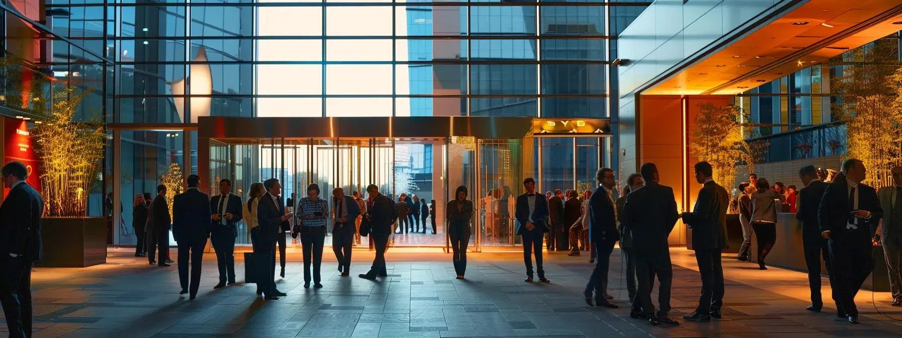 a sleek, modern event venue entrance bustling with elegantly dressed guests seamlessly transitioning from luxury valet service to organized transportation, embodying sophistication and convenience in a bustling urban setting.