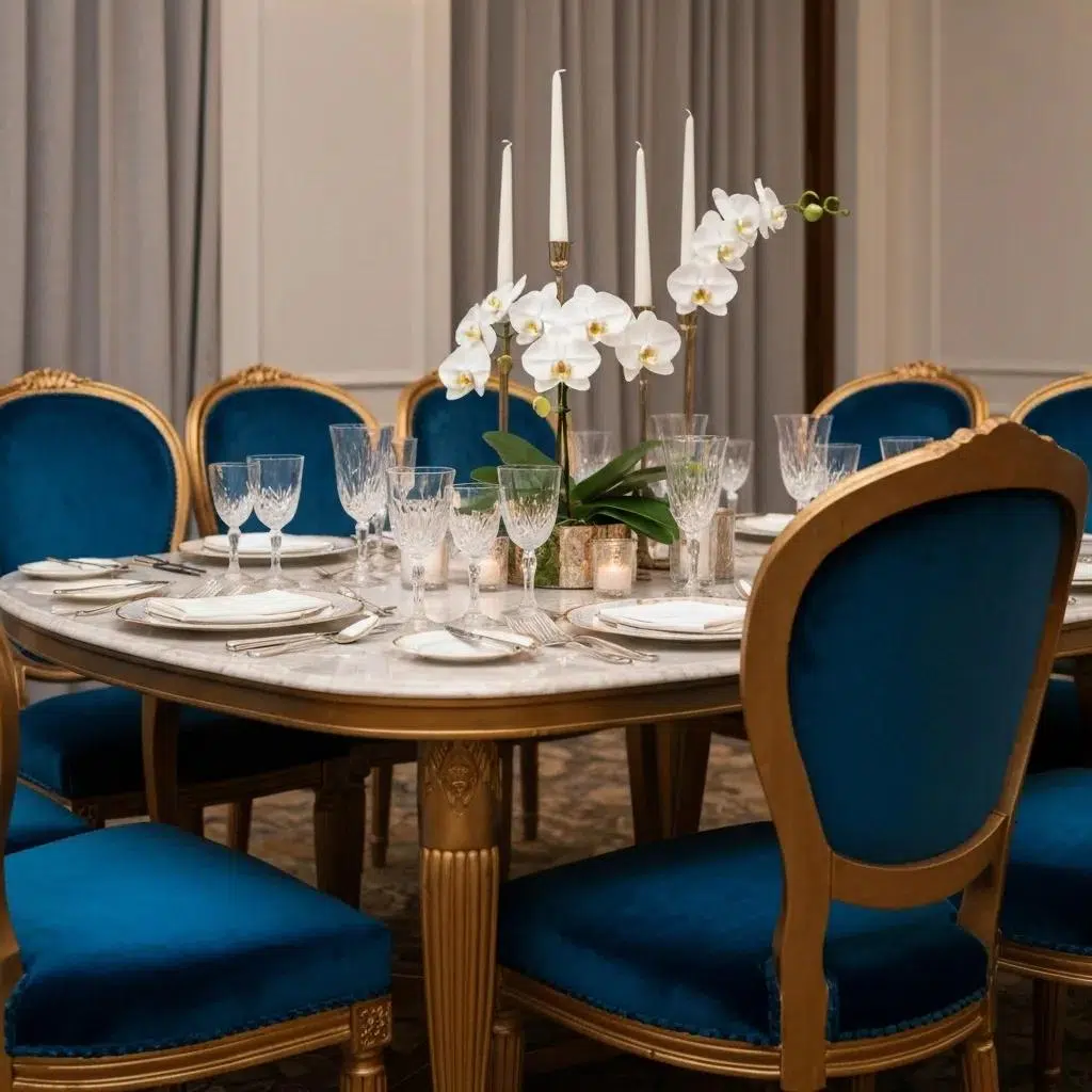 Elegant dining table with marble top and chic chairs for upscale events