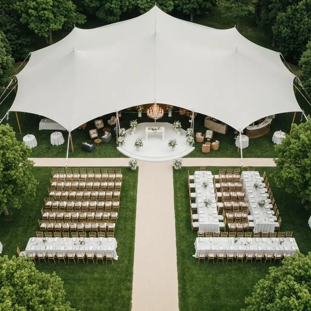Aerial view of a dual-purpose wedding tent layout showing ceremony, cocktail, and reception zones