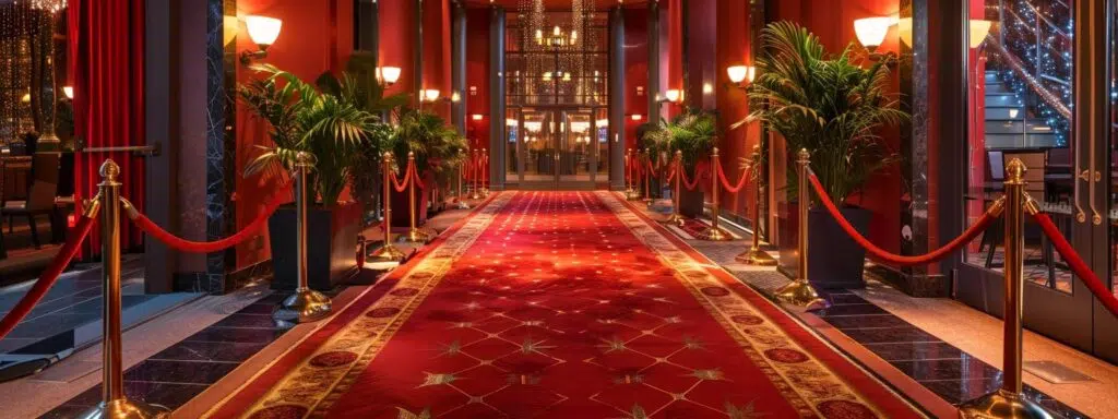 an elegant event space featuring plush red carpets, opulent velvet ropes, and glamorous lighting, creating a sophisticated vip section that exudes luxury and exclusivity.
