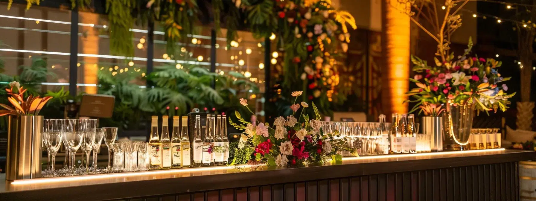 an elegant, upscale bar setup featuring an assortment of premium drinks, stylish glassware, and sophisticated lighting, set against a chic event backdrop that exudes an air of luxury and invites social interaction.