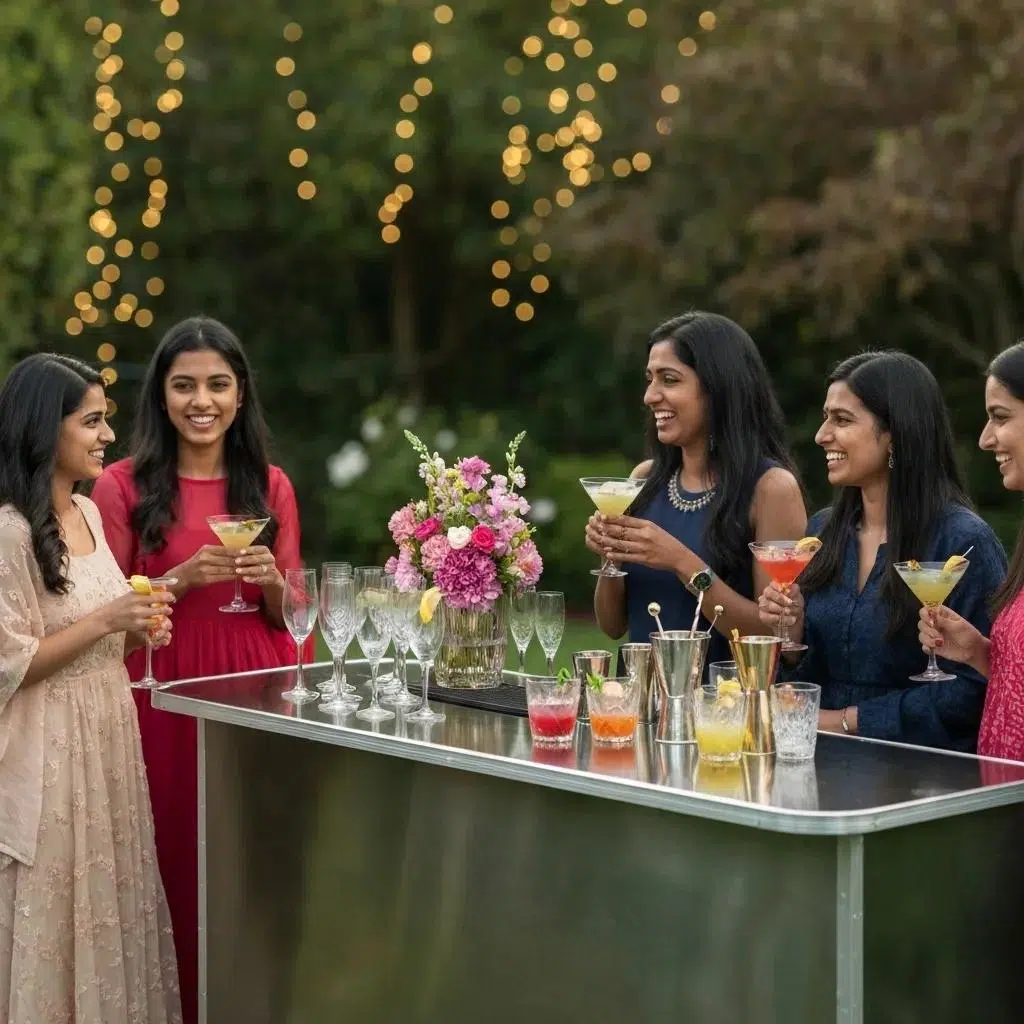 Stylish party bar setup with colorful cocktails and elegant glassware