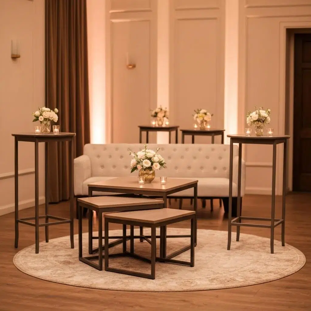 Compact tables arranged in a small event space, optimizing limited areas for gatherings