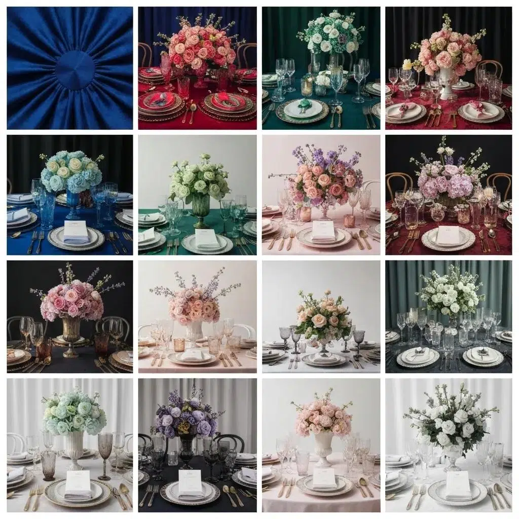 Elegant table settings with diverse floral arrangements and textured linens, showcasing various color palettes and styles for event decor personalization.