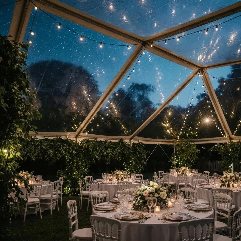 Clear top tent at dusk with elegant table settings and a starry sky