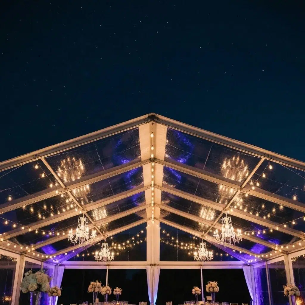 Clear top wedding tent illuminated with string lights and chandeliers, showcasing a starry night sky, enhancing the romantic ambiance for evening celebrations.