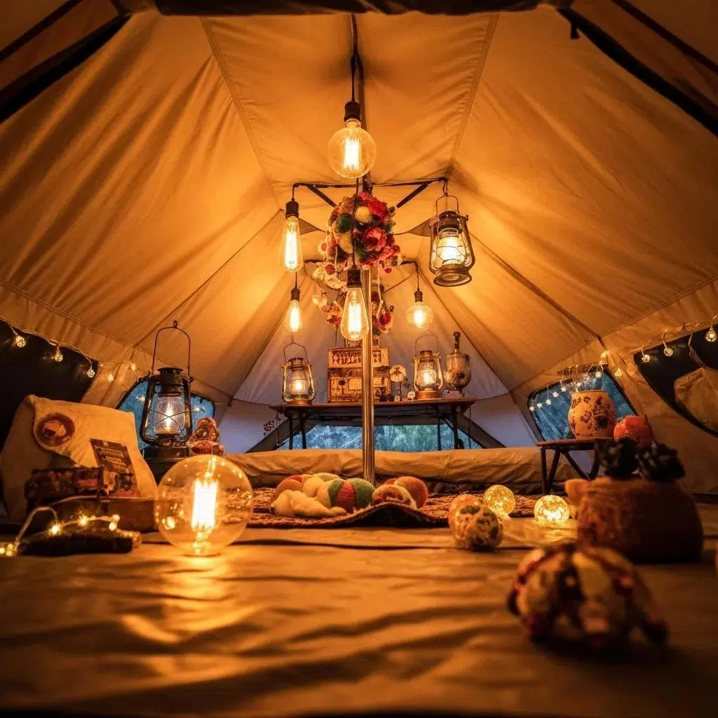 Close-up of wedding tent decor and lighting showcasing chandeliers and uplighting