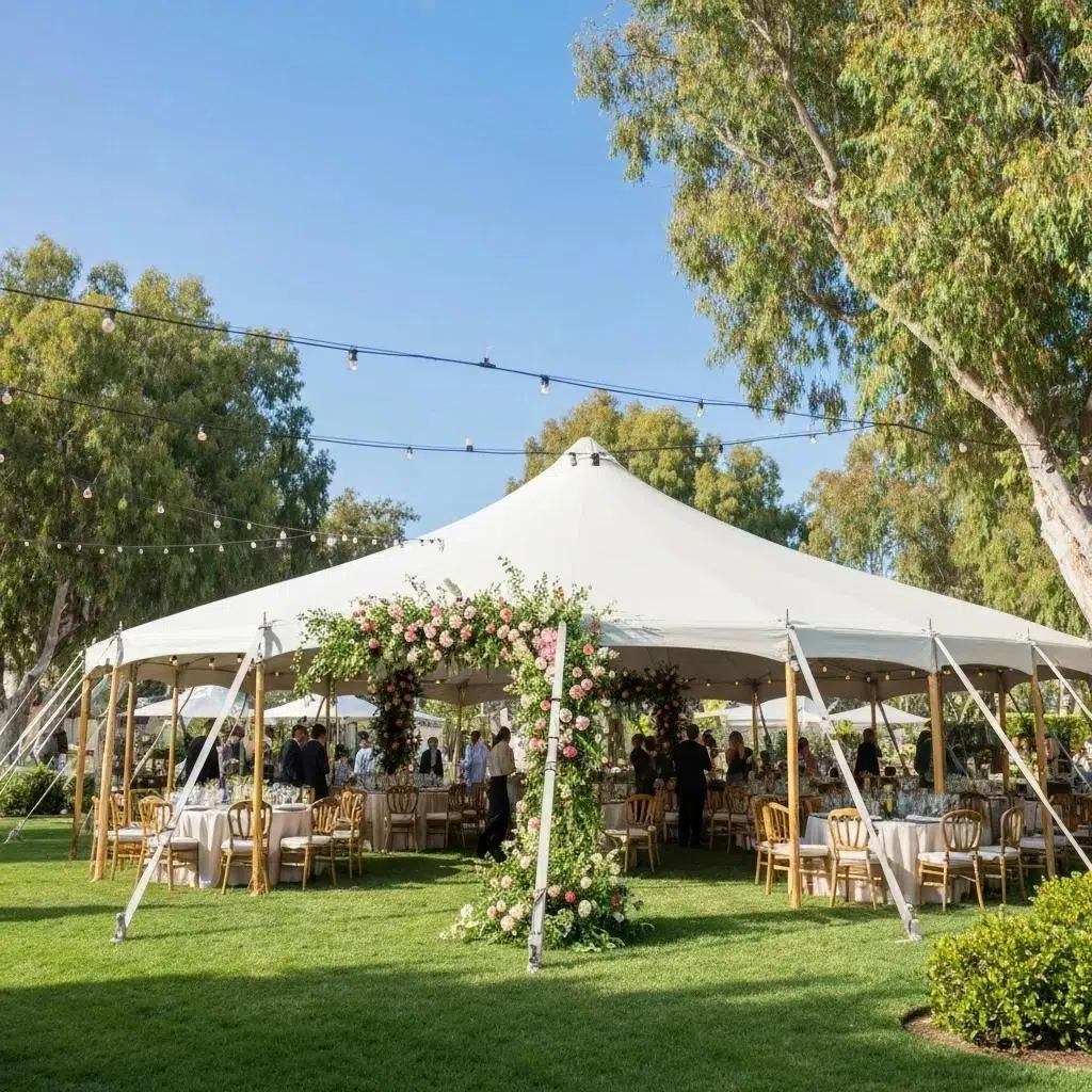 Colorful outdoor tent setup for seasonal events in Southern California, highlighting floral decorations and ambient lighting