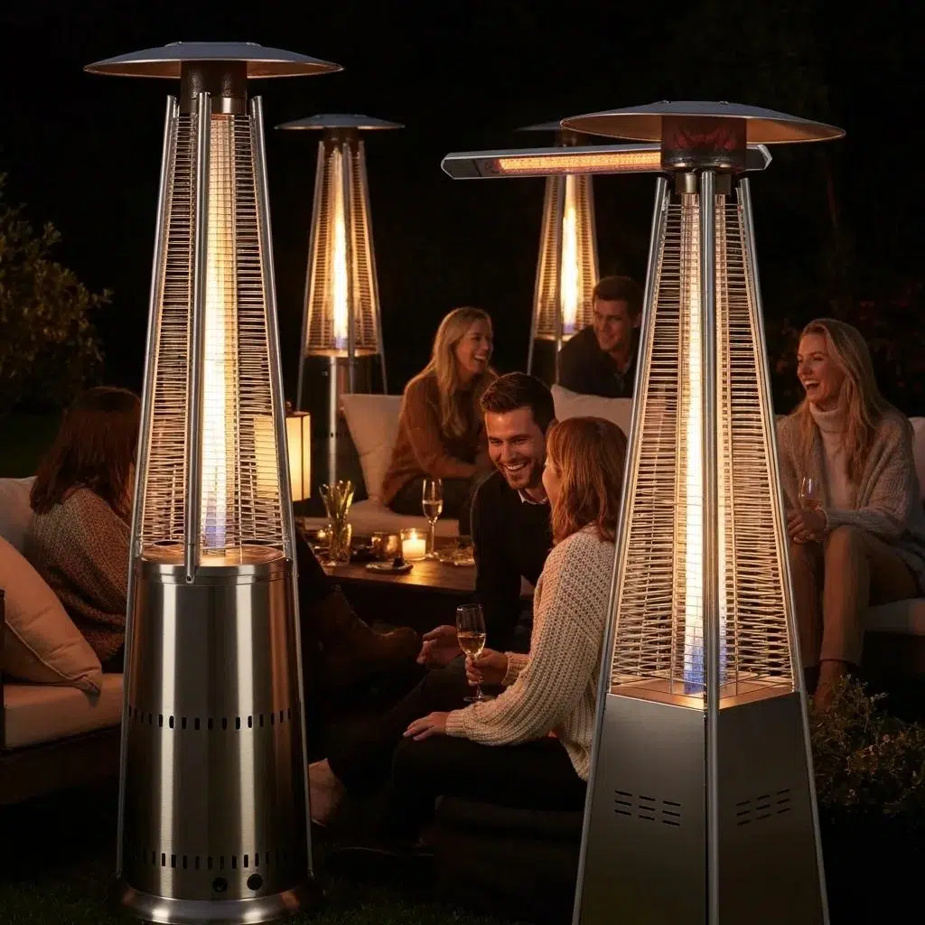Various patio heaters providing warmth in an outdoor setting with guests mingling comfortably