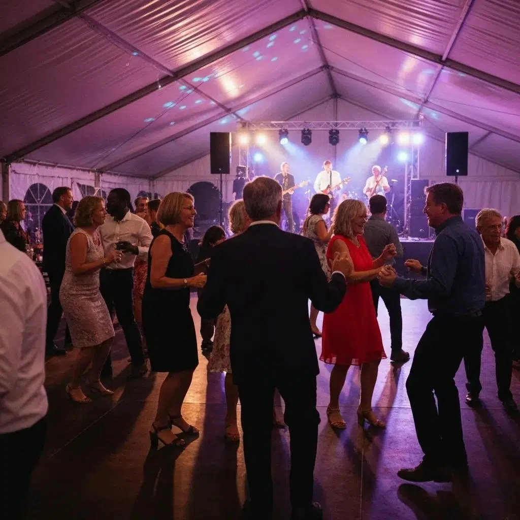 Lively dance floor within a tent, with guests enjoying themselves and a performance stage visible in the background