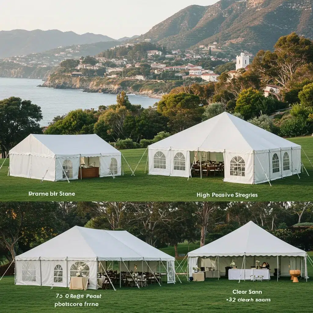 A display of various tent styles suitable for Santa Barbara outdoor events, including frame, high-peak, and clear span tents