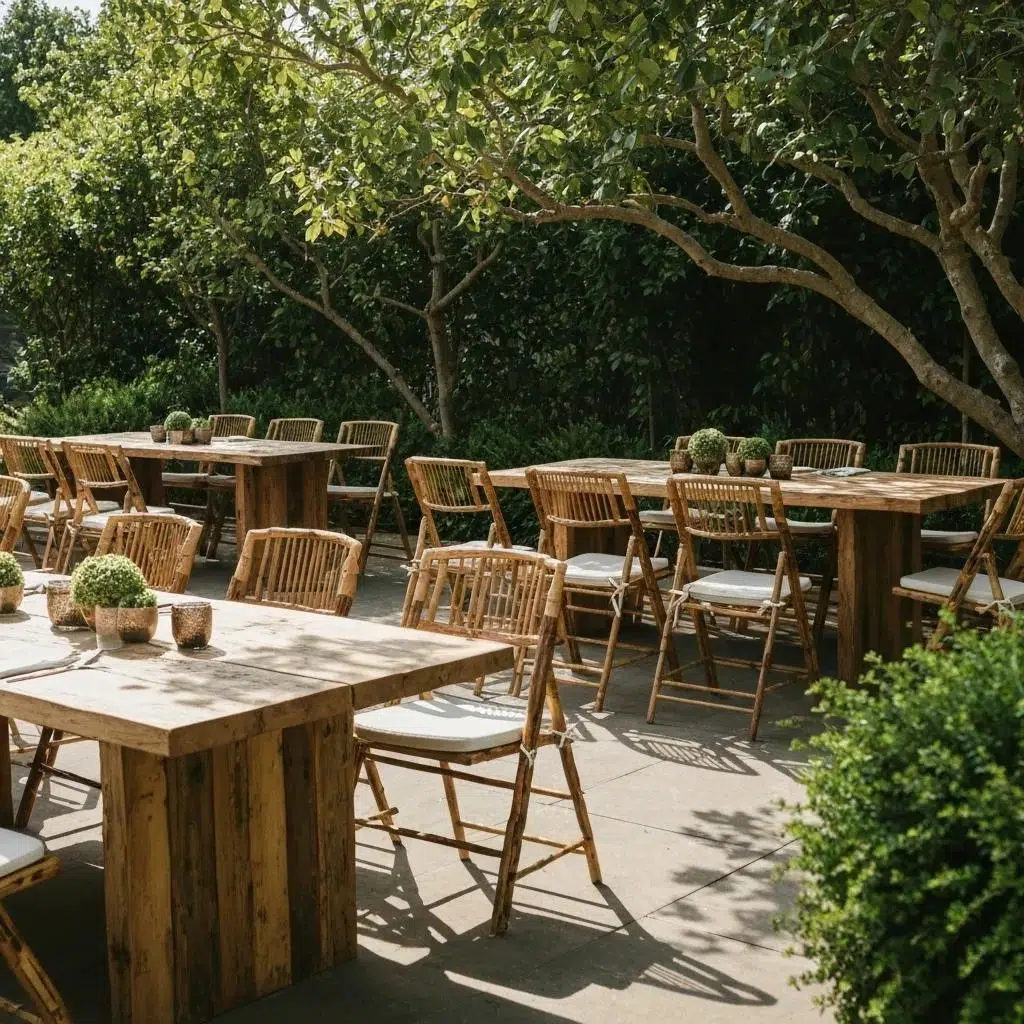 Eco-friendly event furniture setup with reclaimed wood tables and bamboo chairs in a natural setting