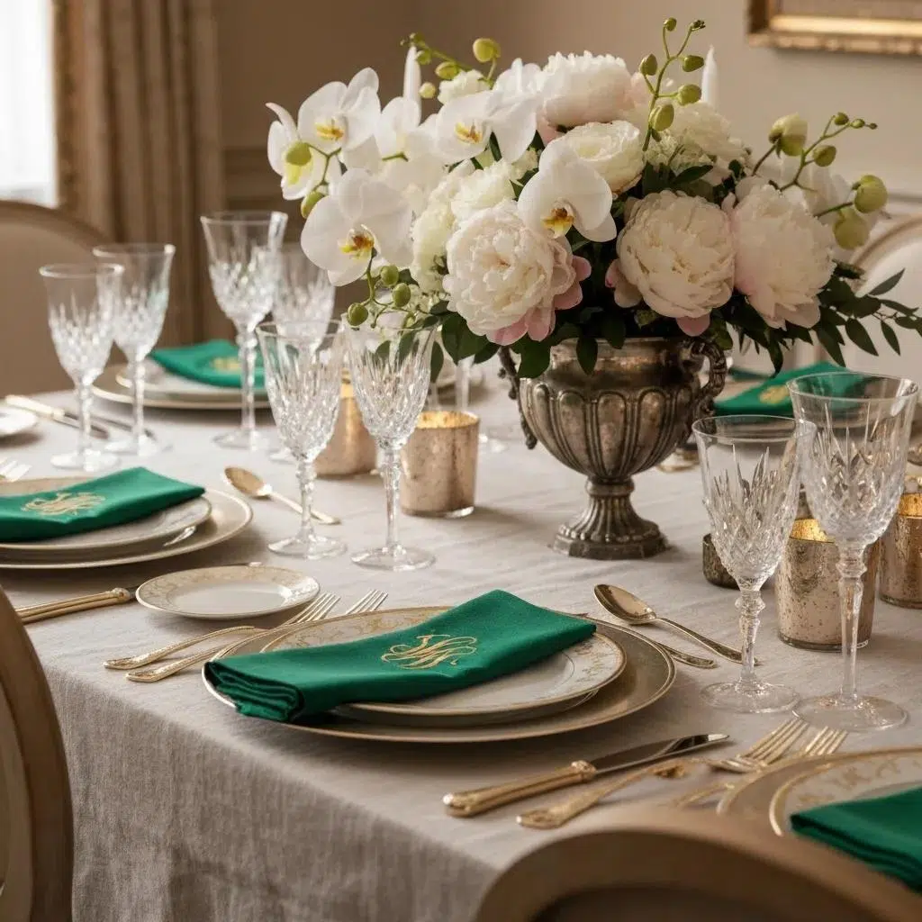 Elegant dining table with personalized monogrammed napkins, enhancing event decor