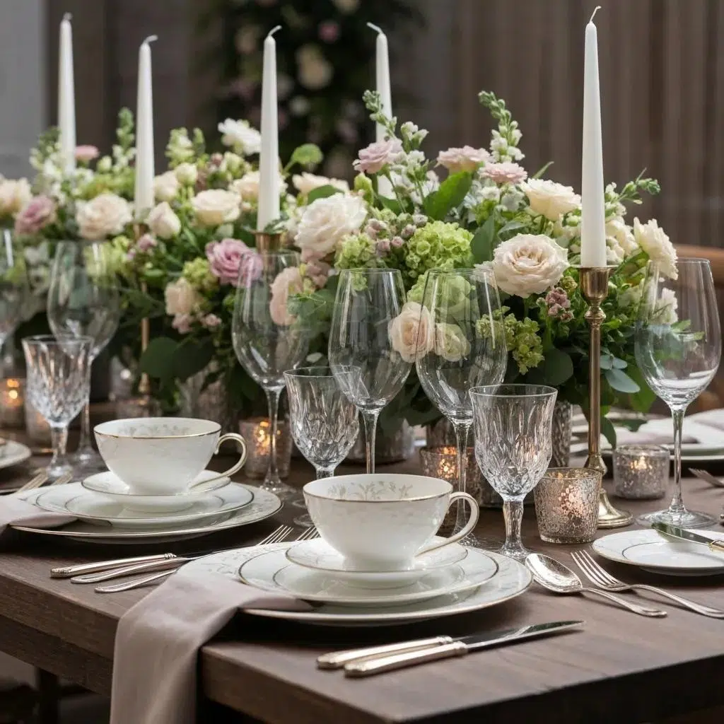 Elegant luxury wedding tableware with fine china and floral arrangements