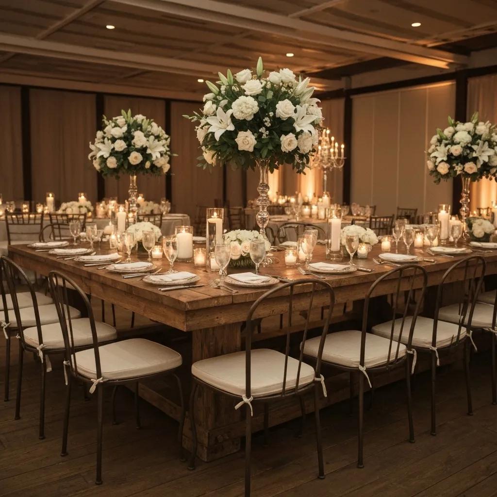 A sophisticated mixed-material event setup featuring rustic wood and wrought iron furniture, perfect for weddings and corporate functions