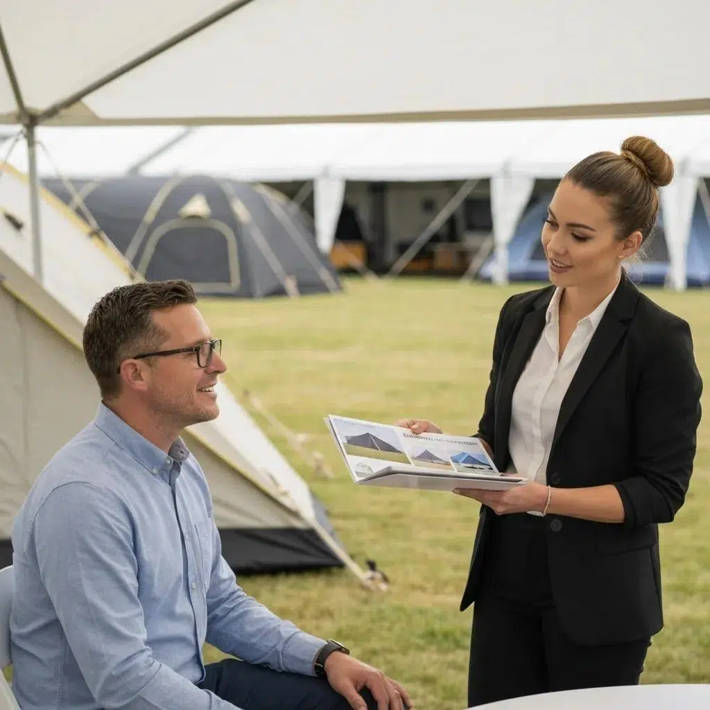 An event planner consulting with a client about tent rentals and permit requirements at an outdoor venue