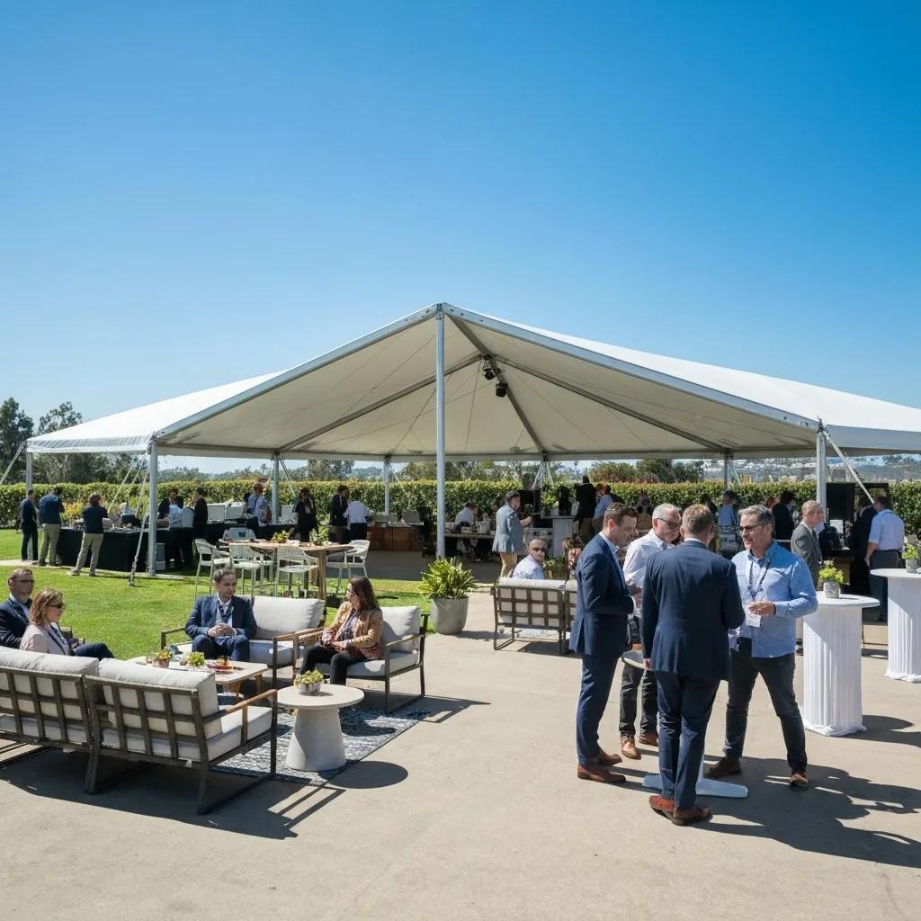 Outdoor corporate event setup with tents and seating in Southern California